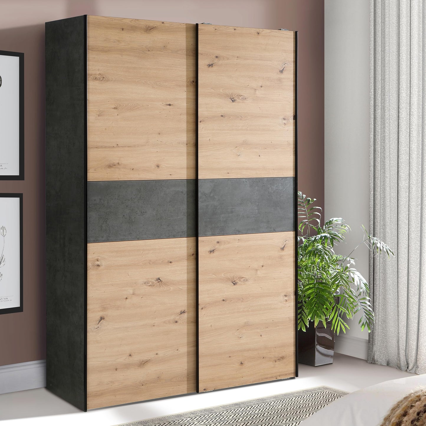 FORTE OZZULA Wardrobe 120, Wardrobe, Sliding Door Wardrobe, Bedroom Wardrobe, Scandinavian 2 Door Shelves, Clothes Rail, White/Artisan Oak, 120 cm Wide x 190.5 cm High x 61 cm Deep