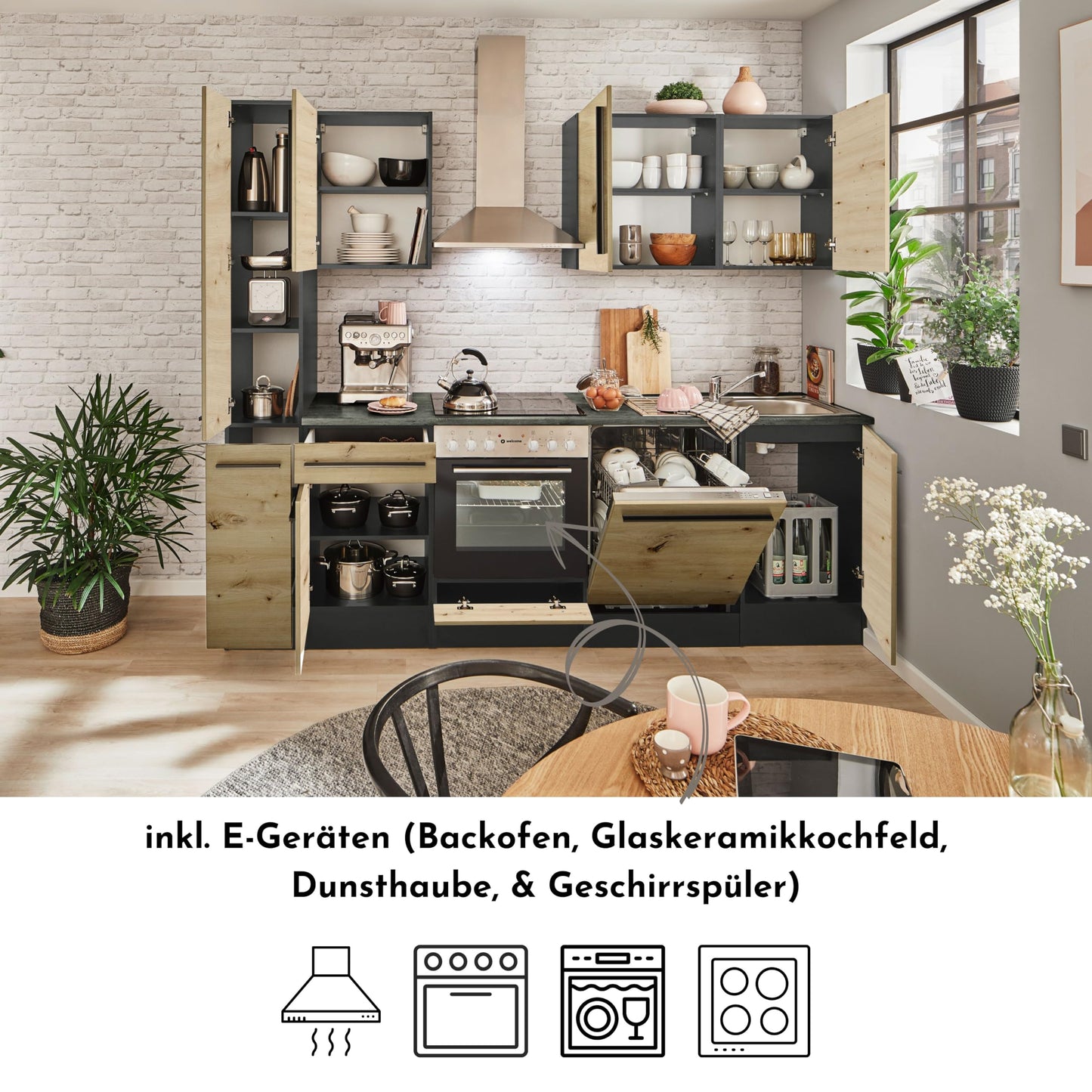 Jazz 8 Moderne Küchenzeile ohne Elektrogeräte in Anthrazit, Artisan Eiche Optik - Geräumige Einbauküche mit viel Stauraum - 220 x 211 x 60 cm (B/H/T)