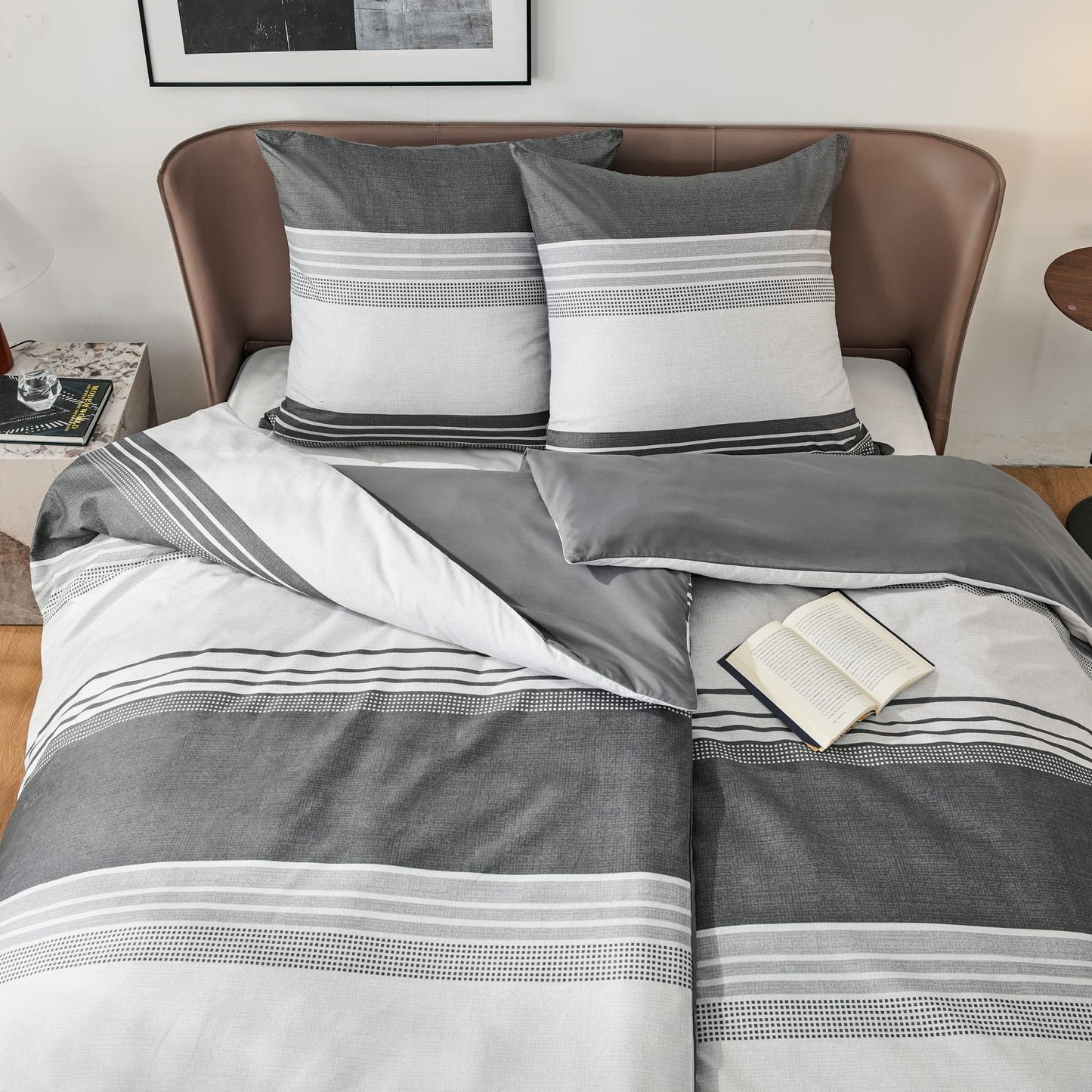 BEDSURE Bettwäsche 135x200 4teilig Bettbezug - Bettwäsche-Sets 135 x 200 cm 2er Set mit 2 Kissenbezüge 80x80cm, ÖKO-TEX Wendebettwäsche Bedding Zweige Grau Muster mit Reißverschluss