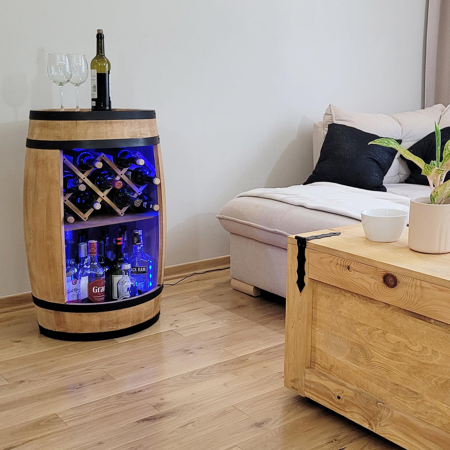 weeco Wooden Barrel with Wine Holder RGB LED Lighting - Wine Rack - Rustic Decorative Bar Cabinet Wine Stand - Draught Beer, Whisky Bar Bottle Stand. Home Bar Gift for Men (Dark Brown)