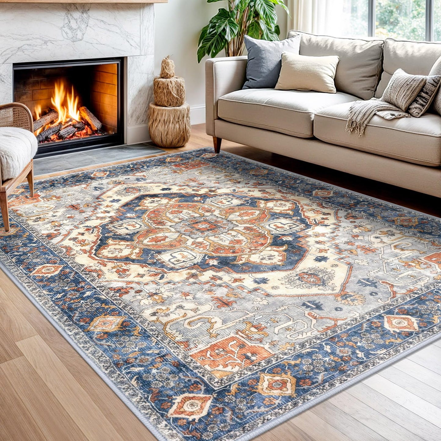 2x3 Blue Washable Rug for Entrance, Soft Traditional Area Rug, Non-Slip Printed Kitchen Rugs, Low-Pile Medallion Indoor Door Mat, Small Farmhouse Carpet for Entryway Kitchen Foyer Bedside