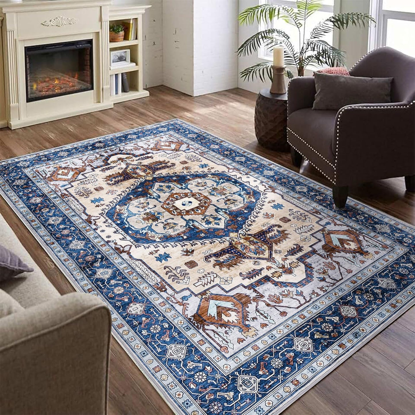 WONGS BEDDING Boho Rug Living Room Bedroom Short Pile Rugs Washable Soft Non-Slip Vintage Design