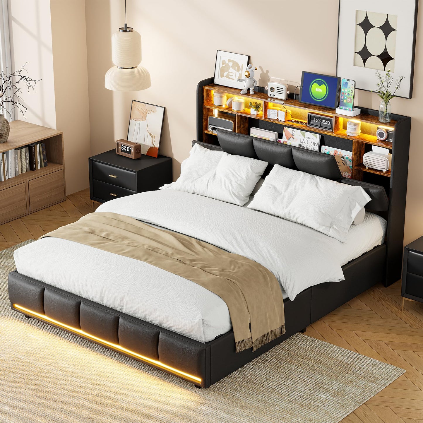 WOBOPCG Upholstered Double Bed 140 x 200, Hydraulic Storage Bed with Slatted Bases, Double Bed with Storage Space, Functional Bed with Storage Space (Grey + Flannel, 140 x 200)