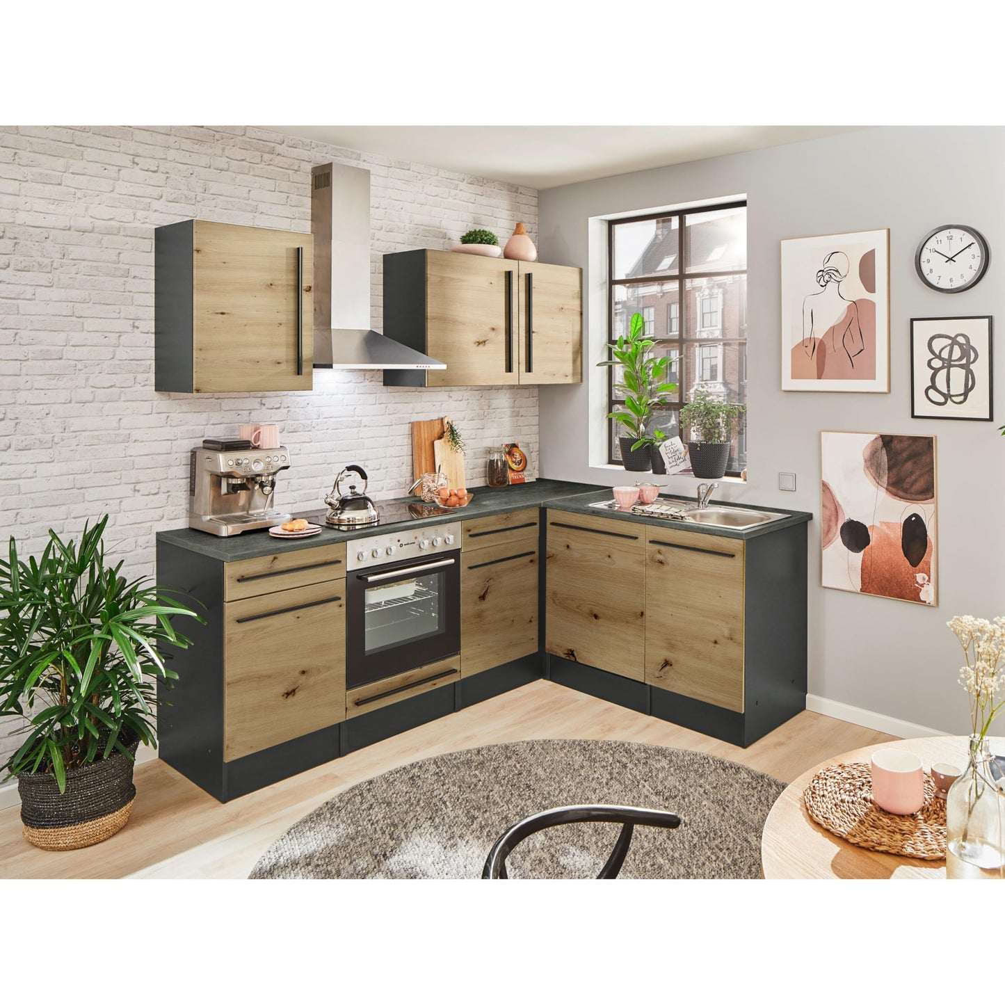 Jazz 8 Modern Corner Kitchen without Electrical Appliances in White High Gloss, Metallic Grey - Spacious Kitchen Unit in L-Shaped with Lots of Storage Space - 220 x 211 x 60 cm (W x H x D)