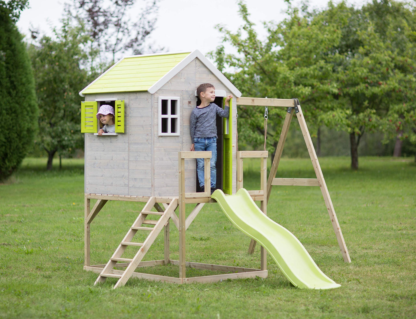 Wendi Toys M24G Children's Outdoor Stilt House with Slide and Swing, 330 x 350 x 242 cm, Grey, FSC Wood, Playhouse Children Outdoor with Swing & Plastic Slide for Garden, Playground for Garden