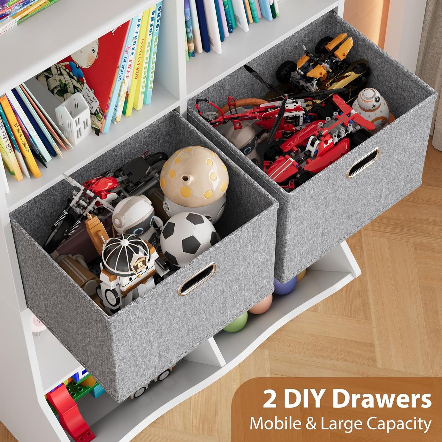 HOCSOK kinderregal, Bücherregal Kinder mit 8 Ablagefächern und 2 Stoffschubladen, Spielzeugregal kinderzimmer für Schlafzimmer Kindergarten, Weiß, 116x67x40cm