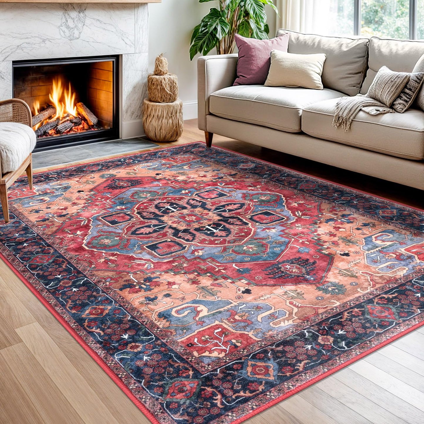 2x3 Blue Washable Rug for Entrance, Soft Traditional Area Rug, Non-Slip Printed Kitchen Rugs, Low-Pile Medallion Indoor Door Mat, Small Farmhouse Carpet for Entryway Kitchen Foyer Bedside