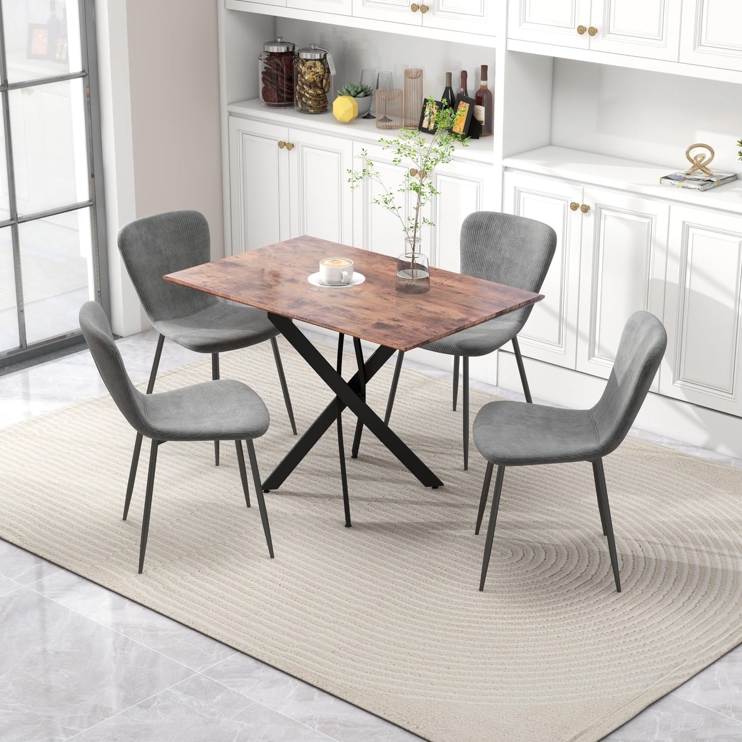 GOLDFAN Glas Esstisch Set 4 Stühle Rechteckiger Esstisch und Rückenlehne Esszimmerstuhl für Küche Wohnzimmer Büro, Grau