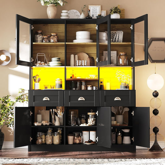 Dolamaní Kitchen Cabinet Buffet Cabinet 140 x 40 x 175 cm with LED More Storage Space for Kitchen, Buffet with Worktop & Adjustable Shelf, Display Cabinet with 3 Drawers with 6 Doors (Black)