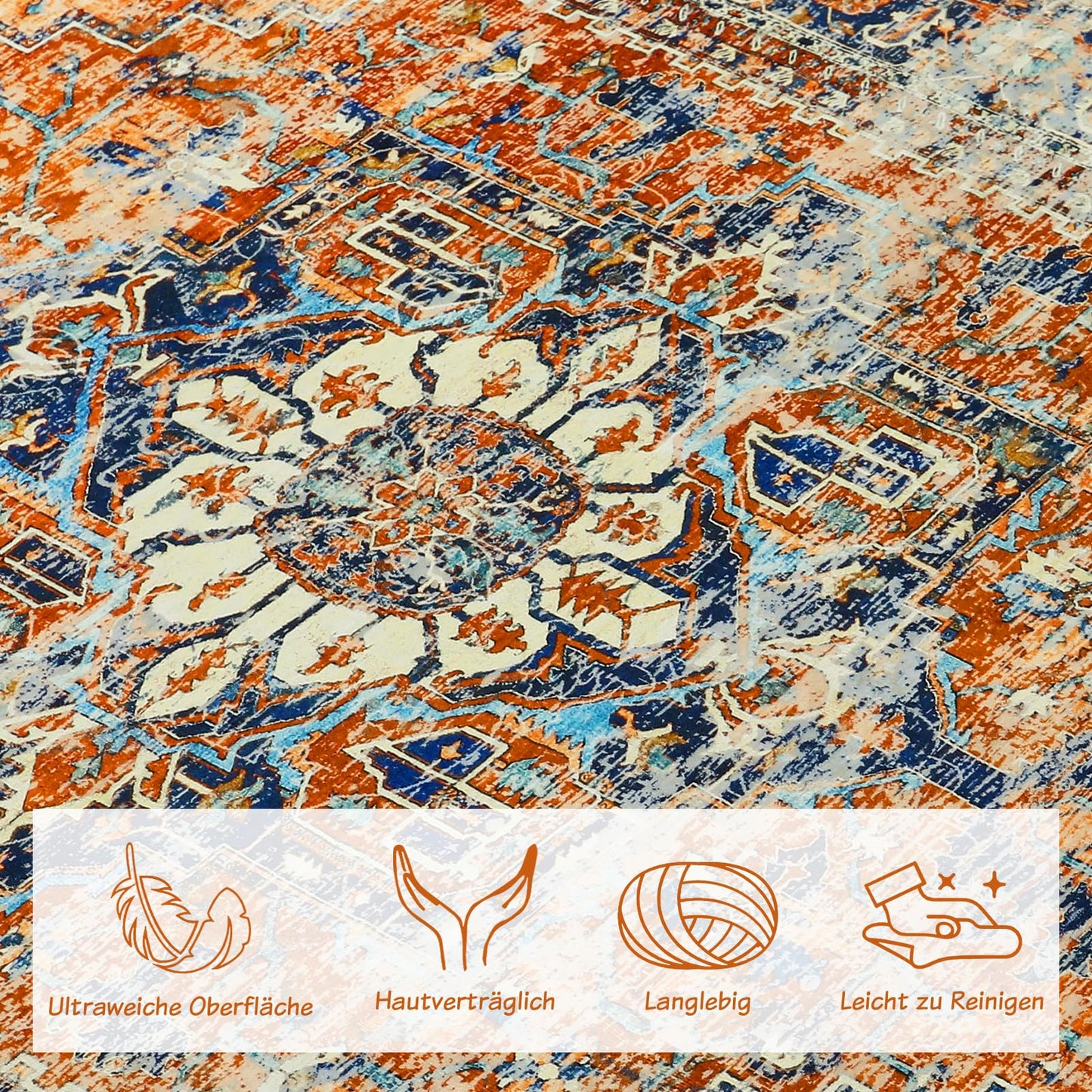 WONGS BEDDING Boho Rug Living Room Bedroom Short Pile Rugs Washable Soft Non-Slip Vintage Design