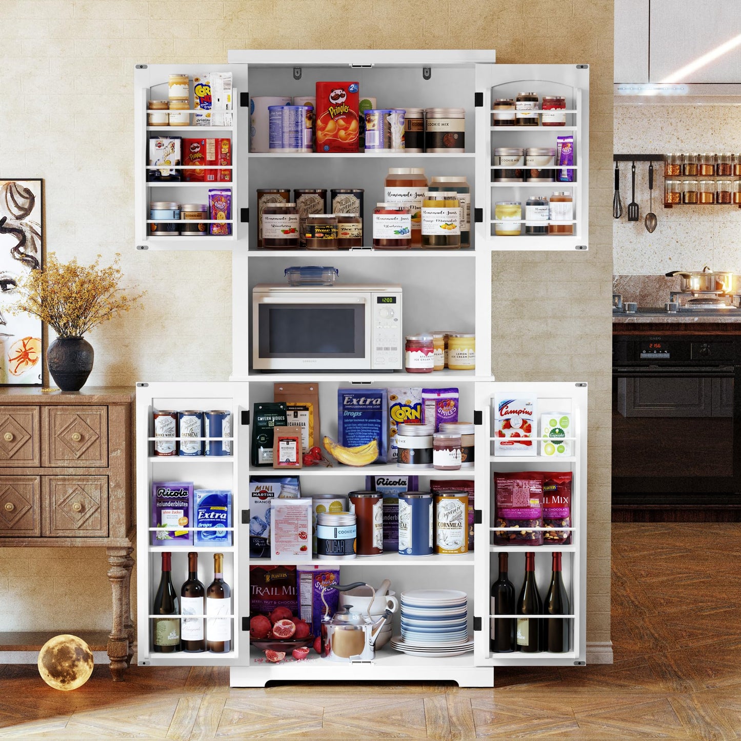 HOLTICO Küchenschrank mit Arbeitsplatte, Hochschrank Küchenbuffet Buffetschrank, Esszimmerschrank, Speisekammer mit Türen und Regalen für Esszimmer, Wohnzimmer, Waschküche,Schwarz