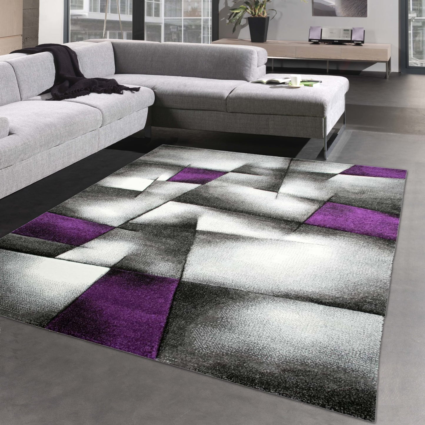 CARPETIA Modern Short Pile Living Room Rug Contour Cut Checked Abstract Grey Black White Turquoise Size 60 x 110 cm