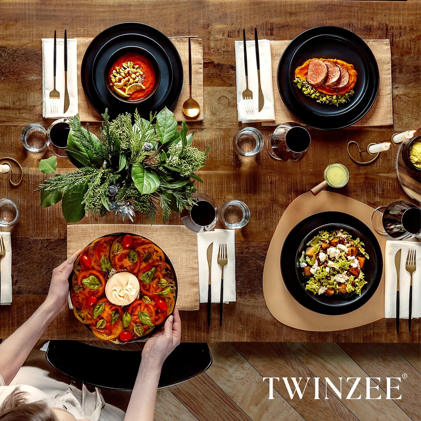 Twinzee Stoneware Crockery Set Black - Set of 24 Tableware and Table Art - Plate Set - Microwave and Dishwasher Safe - Durable and Elegant