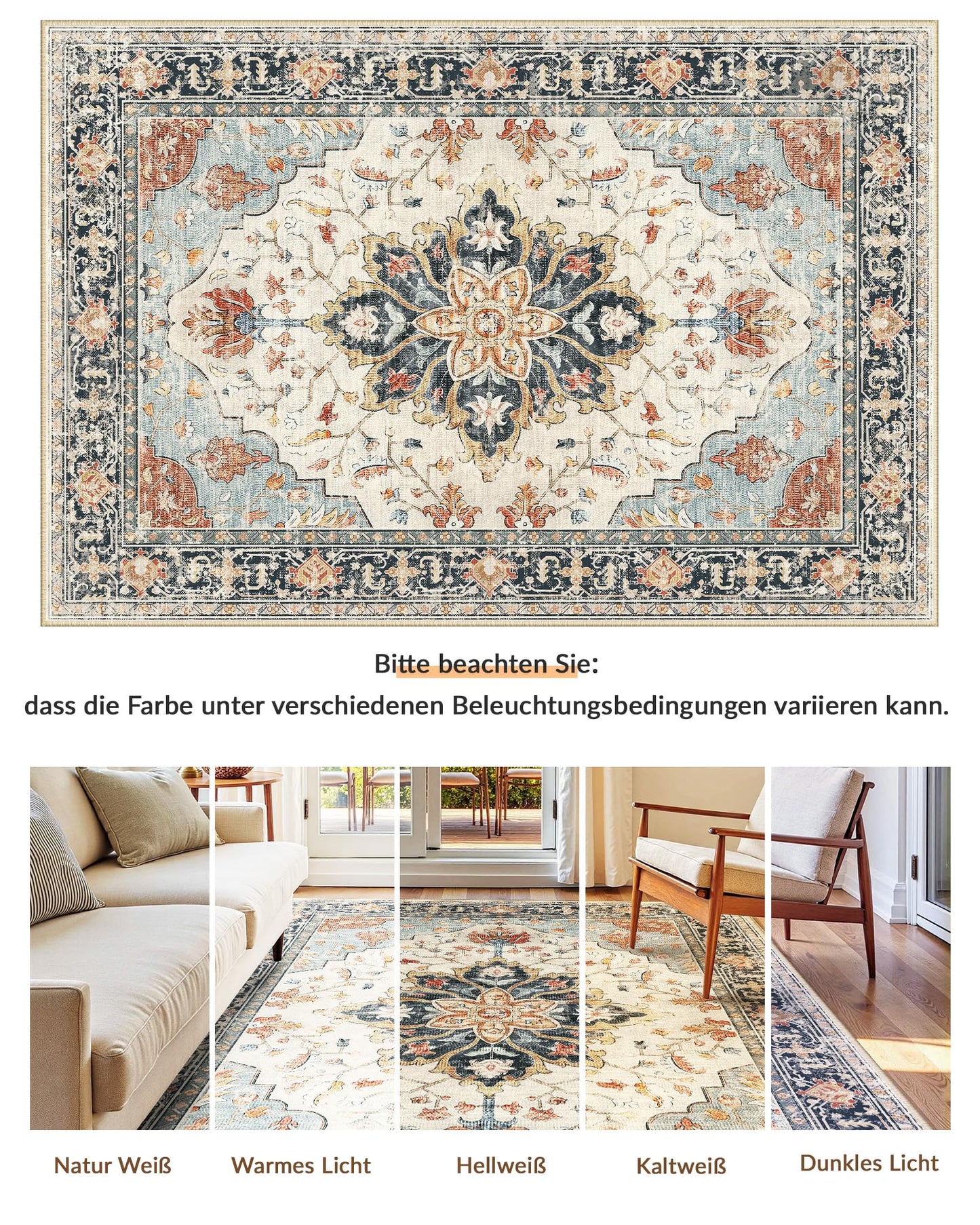 INOVADAY Vintage Waschbarer Teppich Wohnzimmer 90x150 cm Boho Kurzflor rutschfest Teppich Weich Teppiche mit Druckmuster für Schlafzimmer, Esszimmer, Büro Beige/Blau/Orange