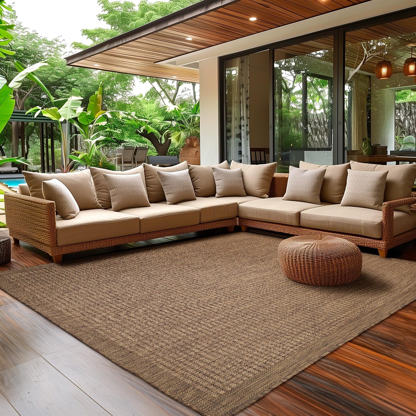SIMPEX Outdoor Weatherproof Rug for Patio, Balcony, Garden, Kitchen, Plain Design, Flat Weave, Sisal Look, Washable Rug, Size: 140 x 200 cm, Colour: Beige