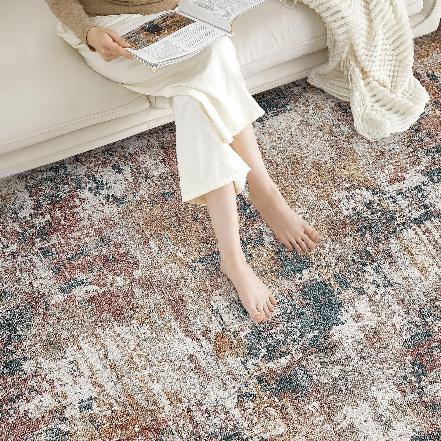 Tortania Washable 5x7 Area Rug for Living Room: Modern Abstract Neutral Large Soft Thin Rugs - Non Slip Indoor Carpet for Bedroom Dining Room Office Nursery Home Floor Decoration - Grey