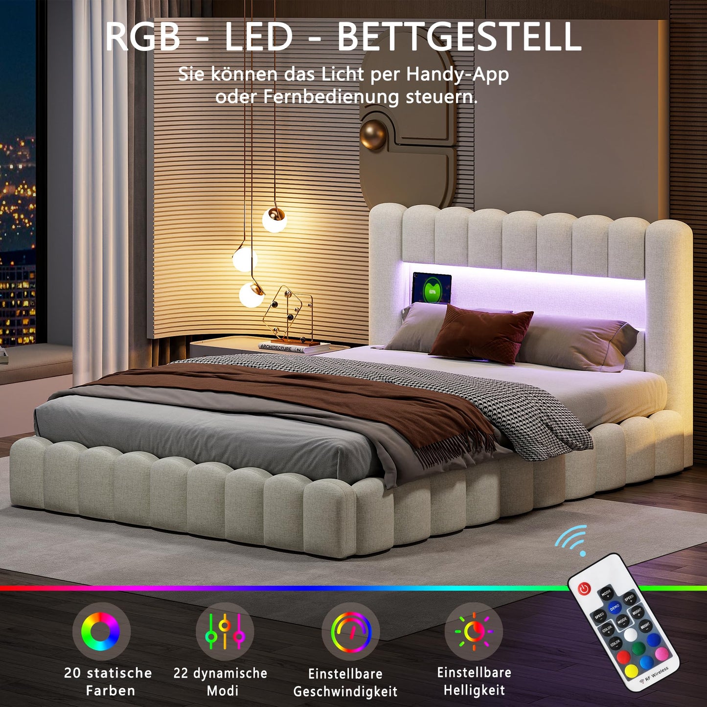 DULRLLY Bubble Bett Polsterbett 140x200 cm,Doppelbett mit Lattenrost, Jugendbett mit Gepolstertes Kopfteil, Gepolstertes Bett für Schlafzimmer und Gästezimmer,ohne Matratze, Leinenstoff (Weiß)