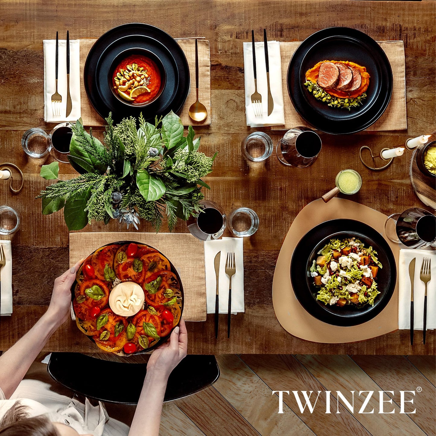 Twinzee Stoneware Crockery Set Black - Set of 24 Tableware and Table Art - Plate Set - Microwave and Dishwasher Safe - Durable and Elegant