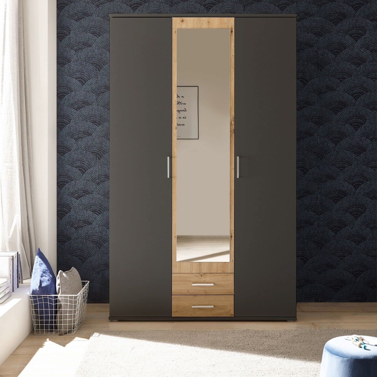 Stella Trading HANAU Wardrobe with Mirror Door in White, Graphite, Versatile Hinged Door Cupboard, 4 Doors for Your Bedroom, 160 x 196 x 54 cm (W x H x D)