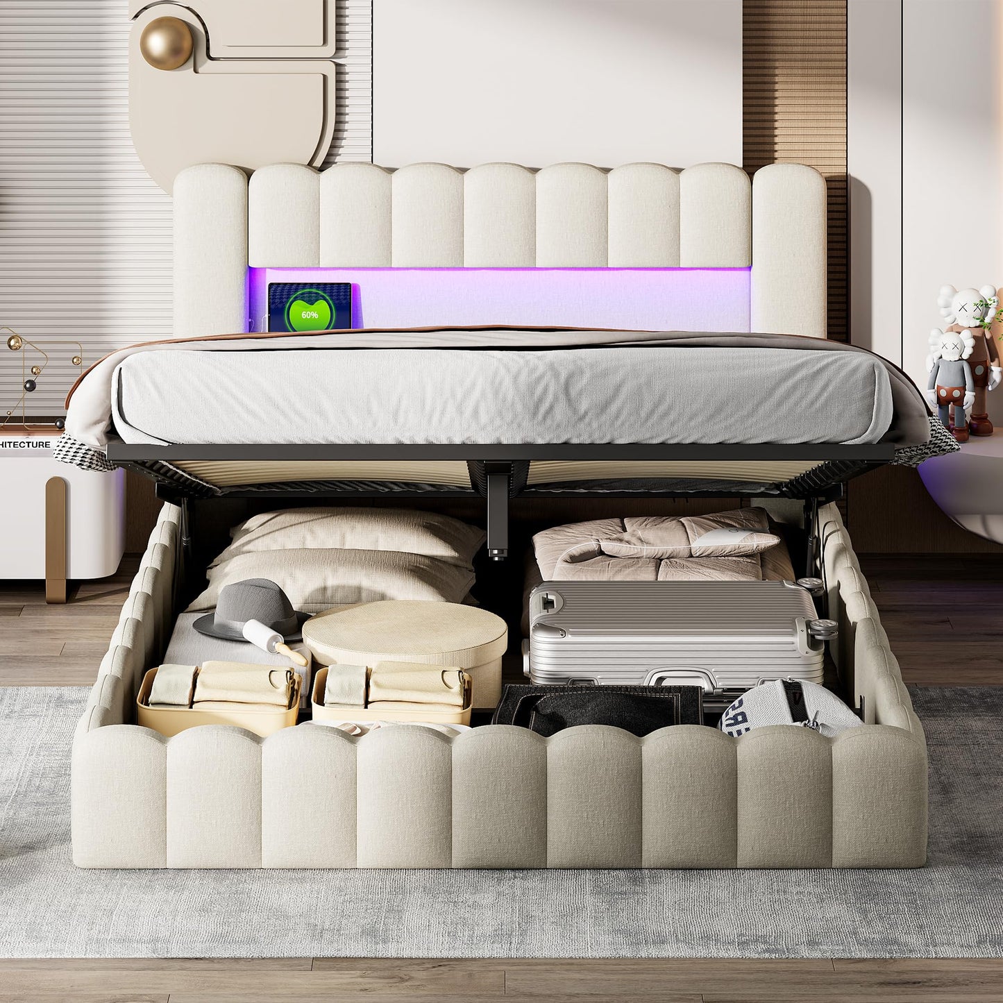 DULRLLY Bubble Bett Polsterbett 140x200 cm,Doppelbett mit Lattenrost, Jugendbett mit Gepolstertes Kopfteil, Gepolstertes Bett für Schlafzimmer und Gästezimmer,ohne Matratze, Leinenstoff (Weiß)