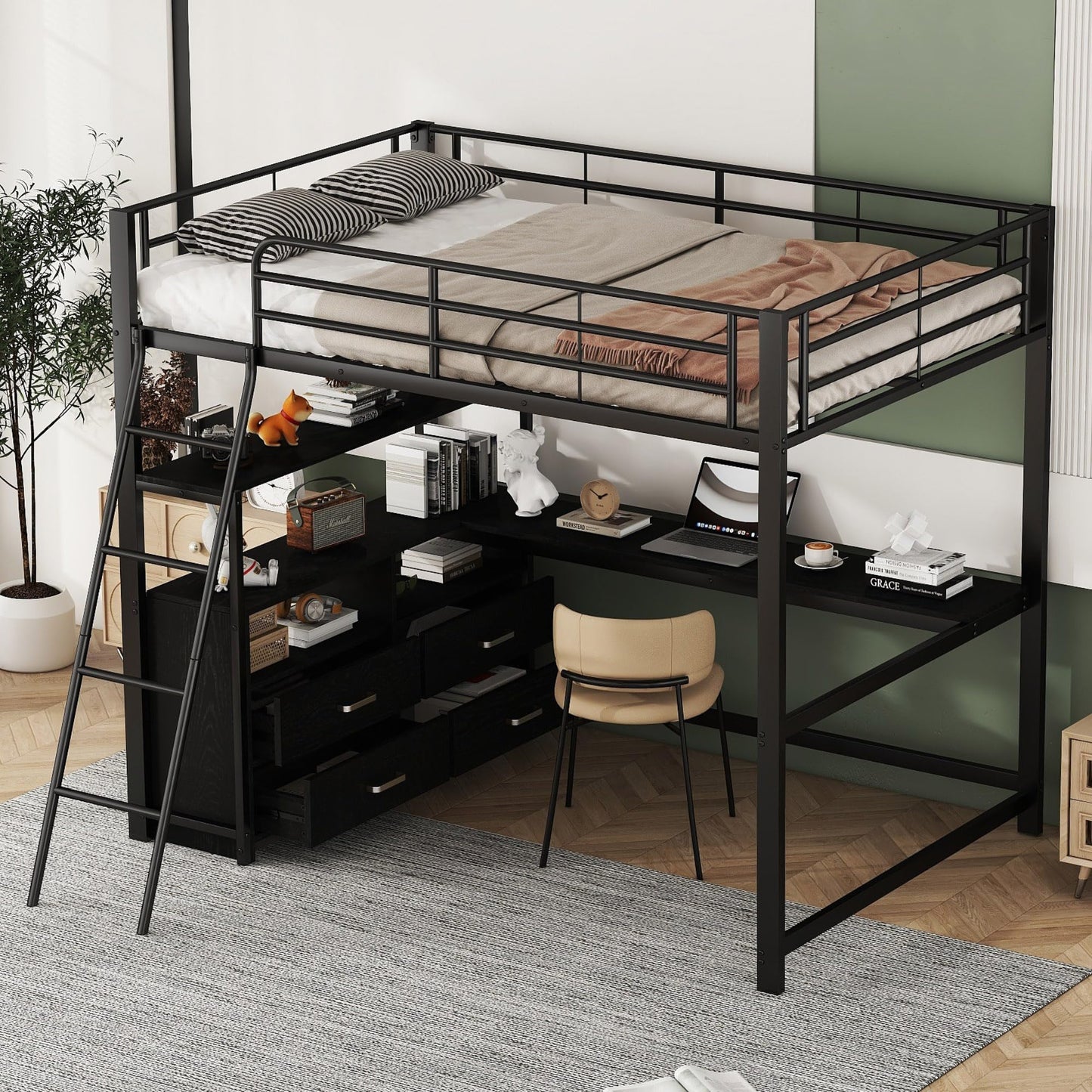Merax Kinderbett Hochbett 90x200 cm Metallbett mit L-förmigem Schreibtisch, 2 Schubladen und Regal, Bettgestell mit Lattenrost (ohne Matratze) für Kinder/Erwachsene, Schwarz