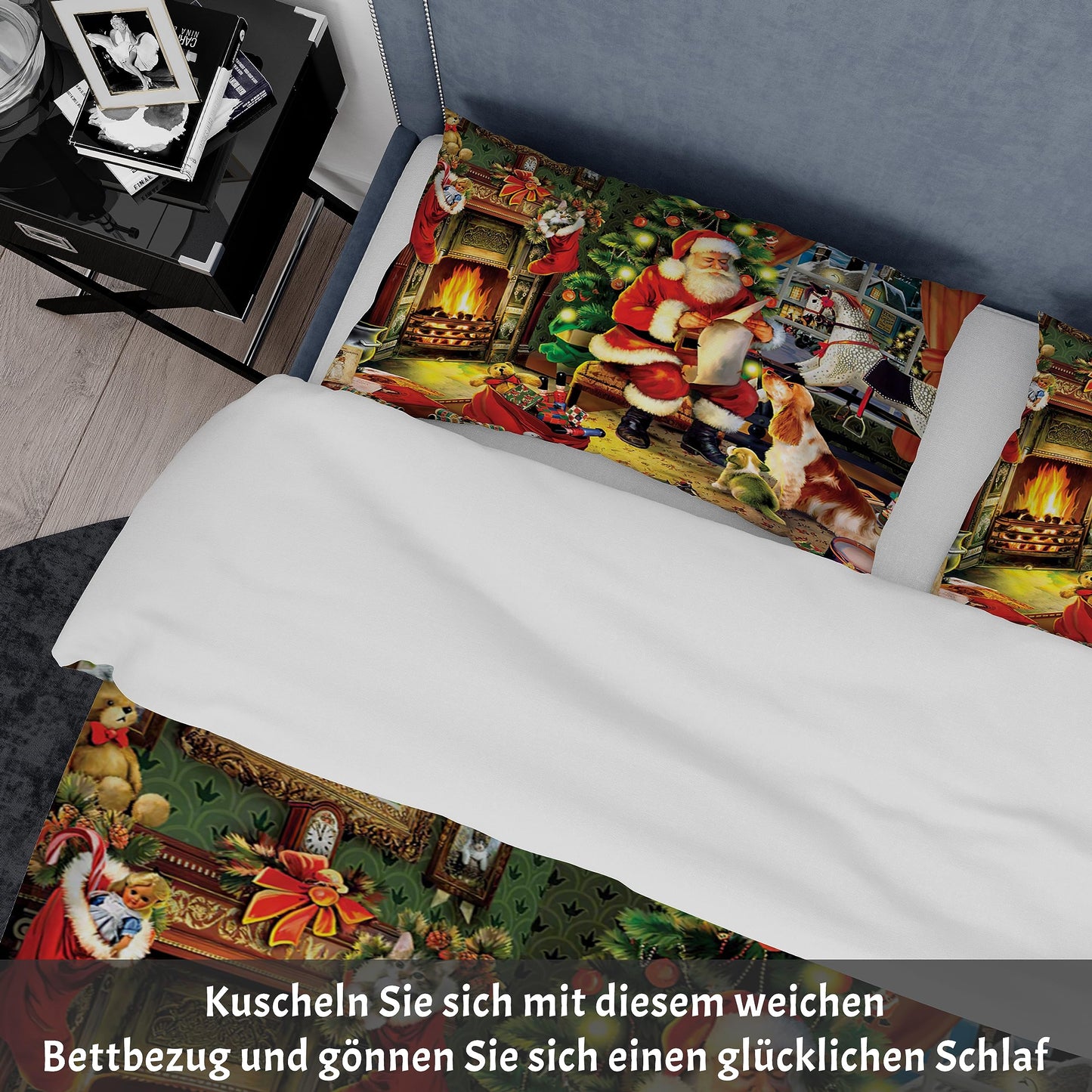 UGZDEA Christmas Bed Linen Set 200 x 200 cm, 3D Christmas Bedding Set with 2 Pillowcases, Santa, Christmas Tree, Deer, Christmas Gift for Teenagers (I, 200 x 200 cm)