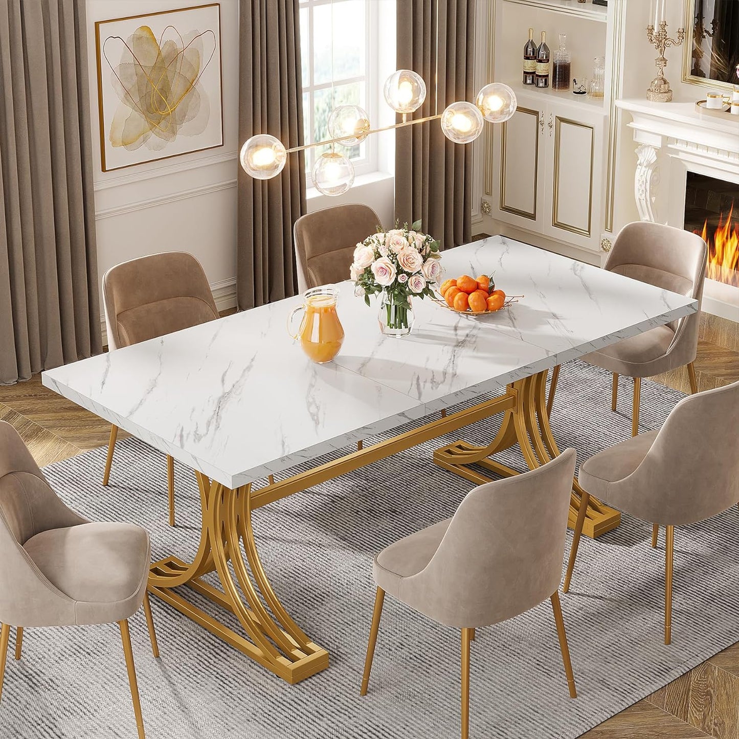 Tribesigns Dining Table for 4 to 6 People 160 x 80 cm Modern Kitchen Table with Faux Marble Top and Stylish Metal Legs, Large Dining Tables for Dining Room, Kitchen, White and Gold