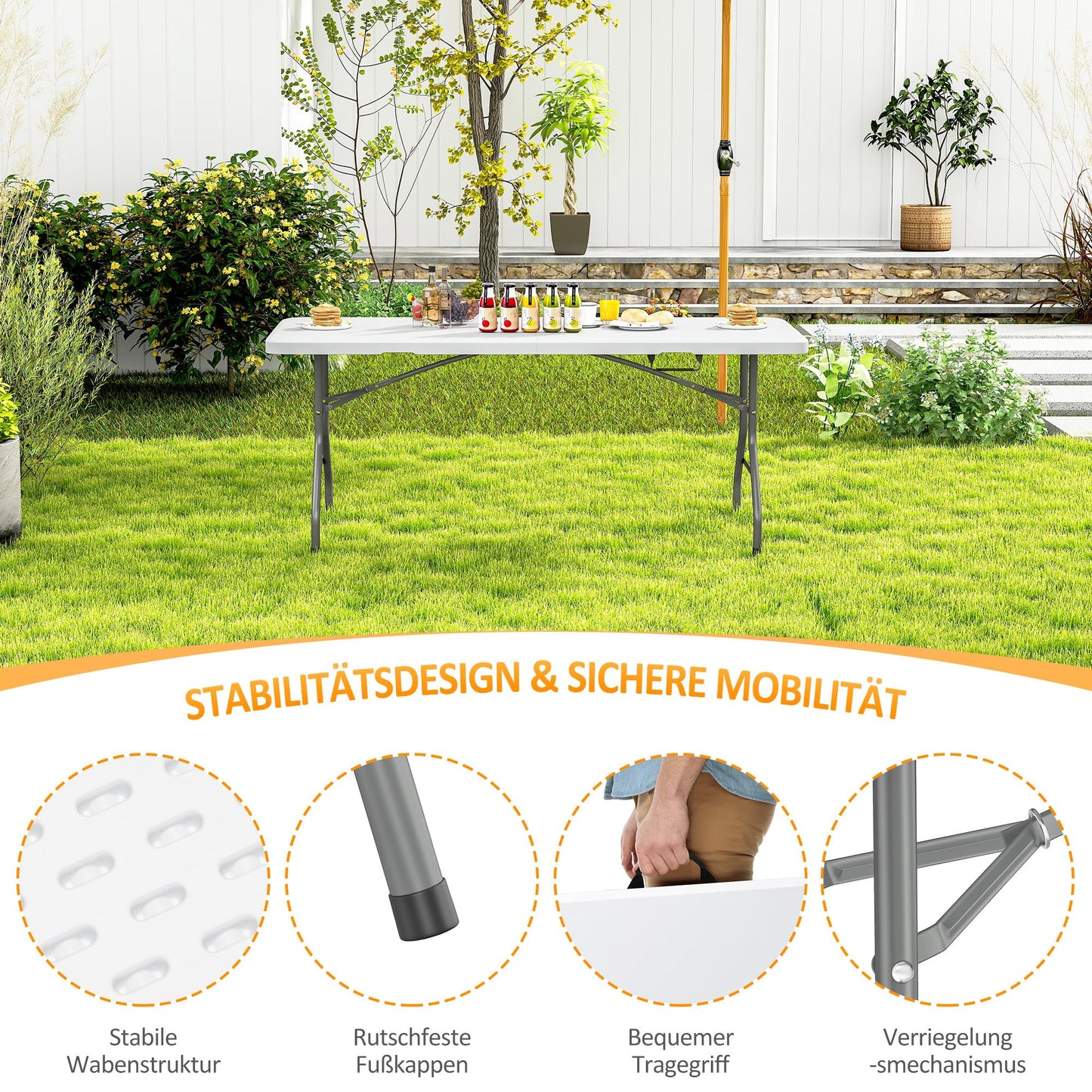 Asdsed Campingtisch 180x74 cm, Klappbar Gartentisch Buffettisch Wetterfest Tragbar Kunststoff Stabil Garten Klapptisch Partytisch Picknicktische Balkontisch