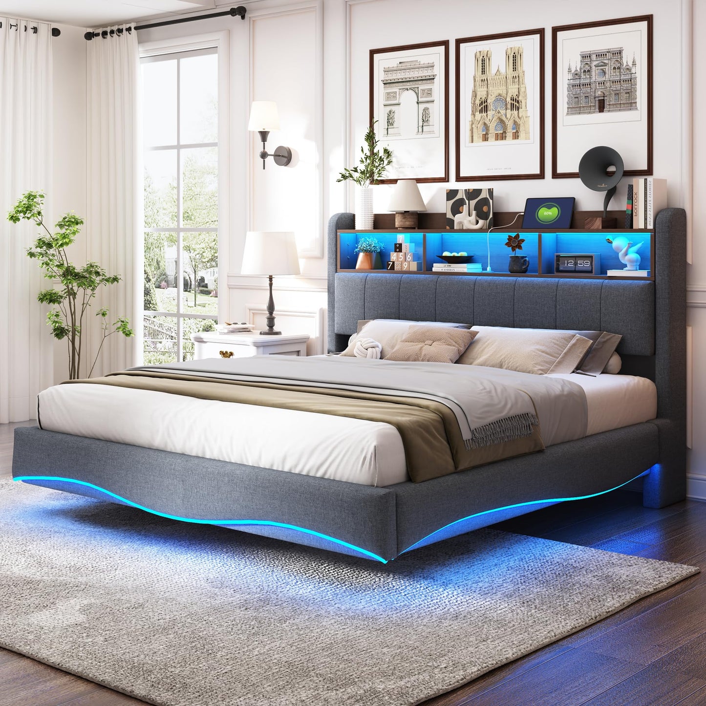 LAKFEW Polsterbett 140X200 cm, Doppelbett Stauraumbett mit LED-Beleuchtung, Erwachsenenbett mit USB/Typ-C, Bettgestell Bett mit Lattenrost, Ohne Matratze, Grau, Leinen