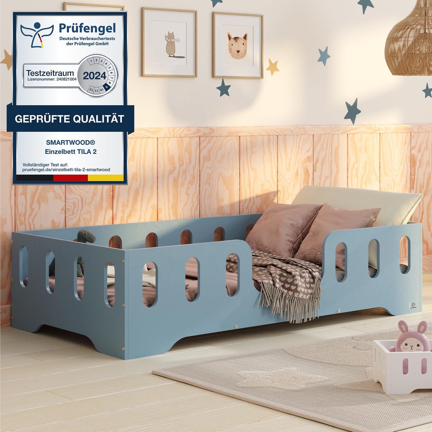 smartwood Montessori Wooden Floor Bed 60 x 120 cm Grey with FSC Certificate TILA 2 with Fall Protection and Slatted Frame Maximum Load 230 kg Easy Assembly