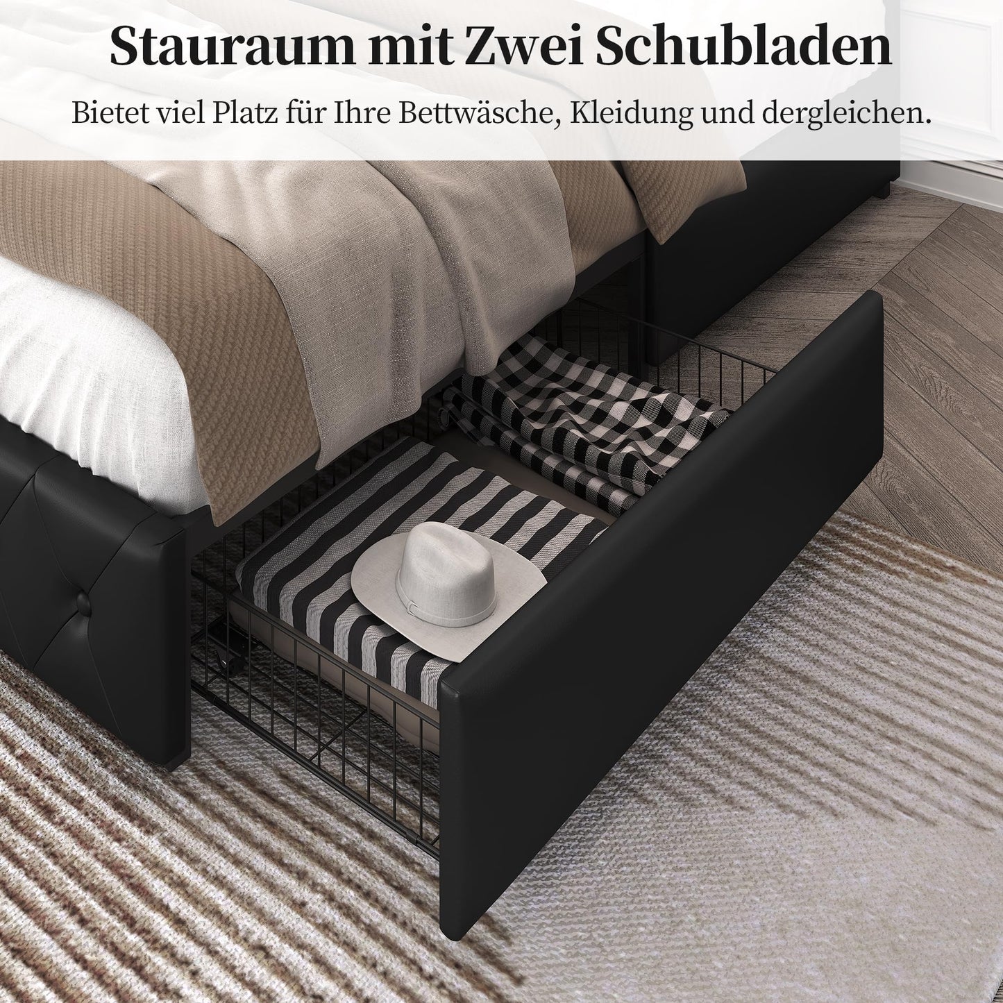 Yaheetech Polsterbett 140 x 200 cm Doppelbett Bettrahmen mit 2 Schubladen höhenverstellbares Kopfteil Gepolstertes Bett mit Lattenrost viel Stauraum, Schwarz