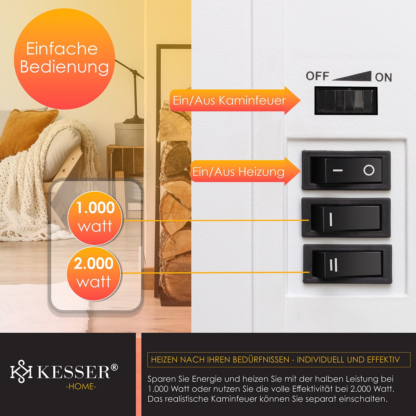 KESSER® Elektrokamin mit Heizlüfter & Fernbedienung 2000W Elektro Kamin Elektrischer Heizung LED Kaminfeuer Effekt Kaminofen Flammeneffekt Heizer Ofen geräuscharm regelbar Grau