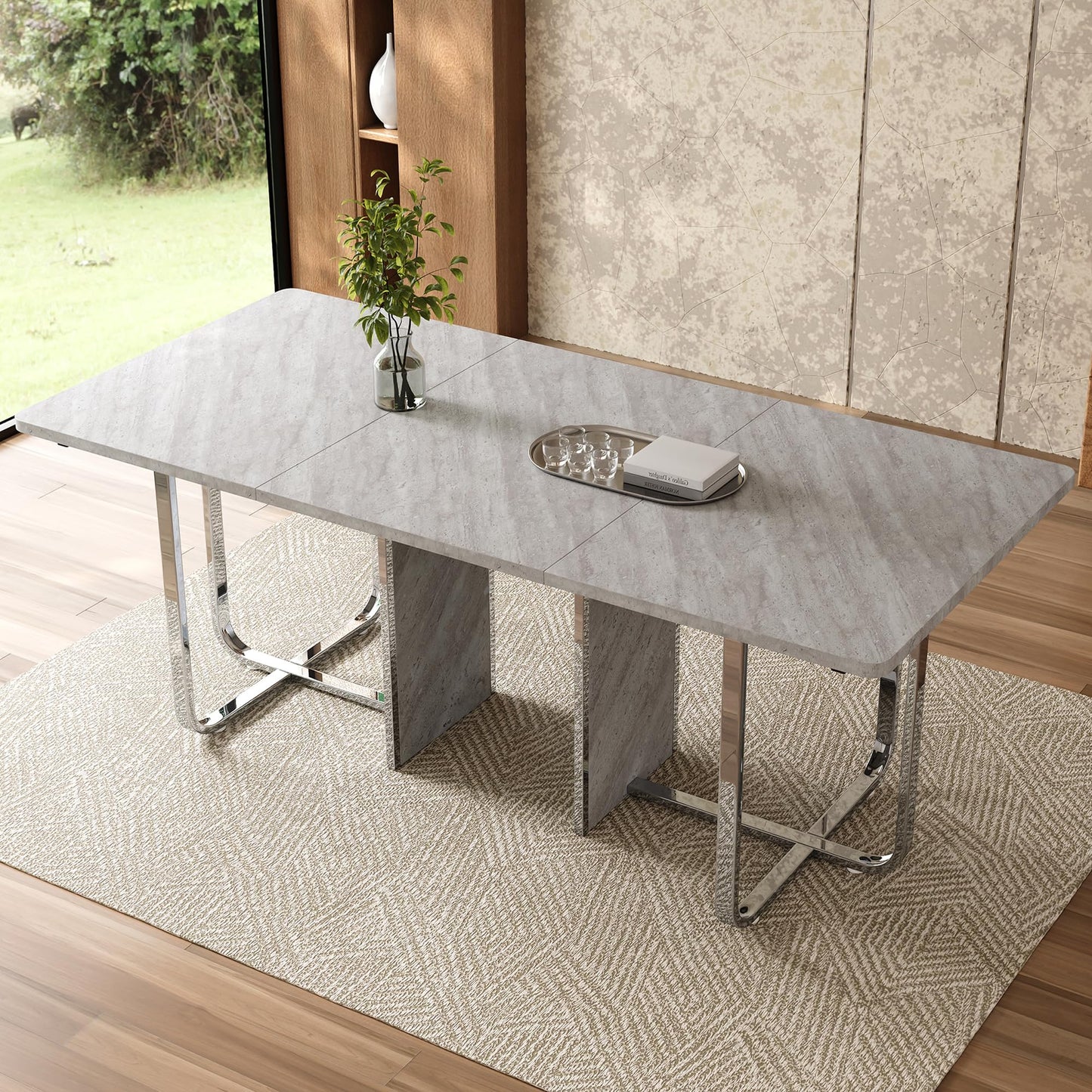 Merax Esstisch, Ausziehbar Esszimmertisch mit Tischbeine aus Metall, Rechteckiger Küchentisch für Wohnzimmer und Esszimmer, Grau