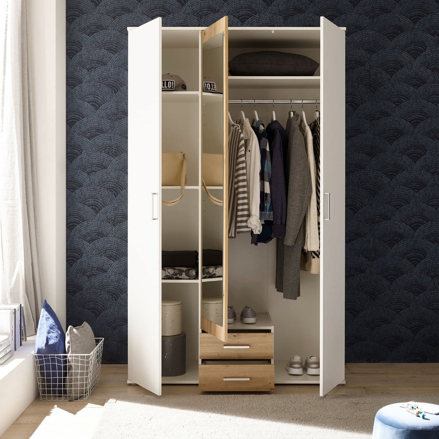 Stella Trading HANAU Wardrobe with Mirror Door in White, Graphite, Versatile Hinged Door Cupboard, 4 Doors for Your Bedroom, 160 x 196 x 54 cm (W x H x D)