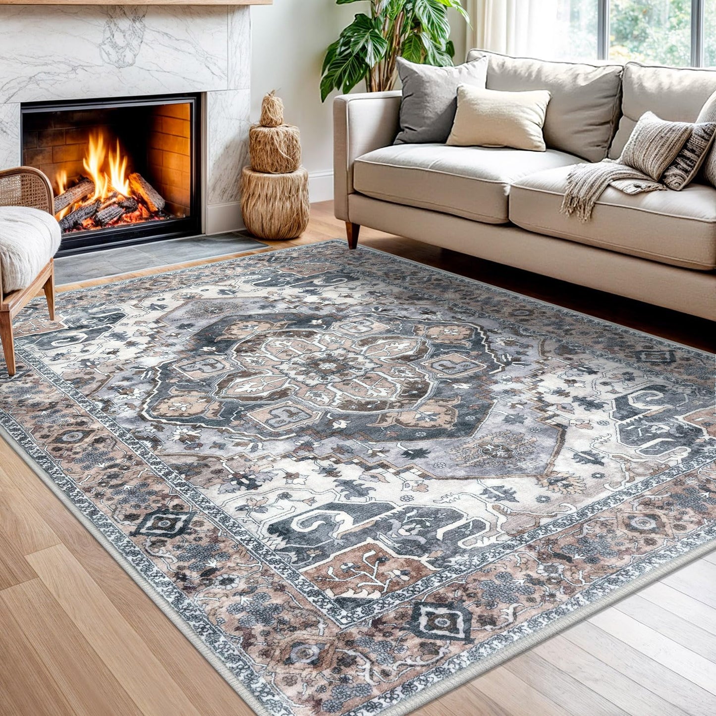 2x3 Blue Washable Rug for Entrance, Soft Traditional Area Rug, Non-Slip Printed Kitchen Rugs, Low-Pile Medallion Indoor Door Mat, Small Farmhouse Carpet for Entryway Kitchen Foyer Bedside
