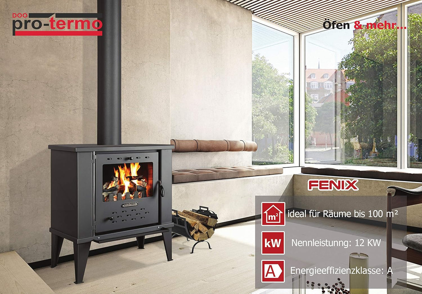 ProTermo Fenix Fireplace Anthracite 12.2 kW Heating Capacity 62 x 44 x 73 cm Wood Stove with Fireclay Stones - Type 2