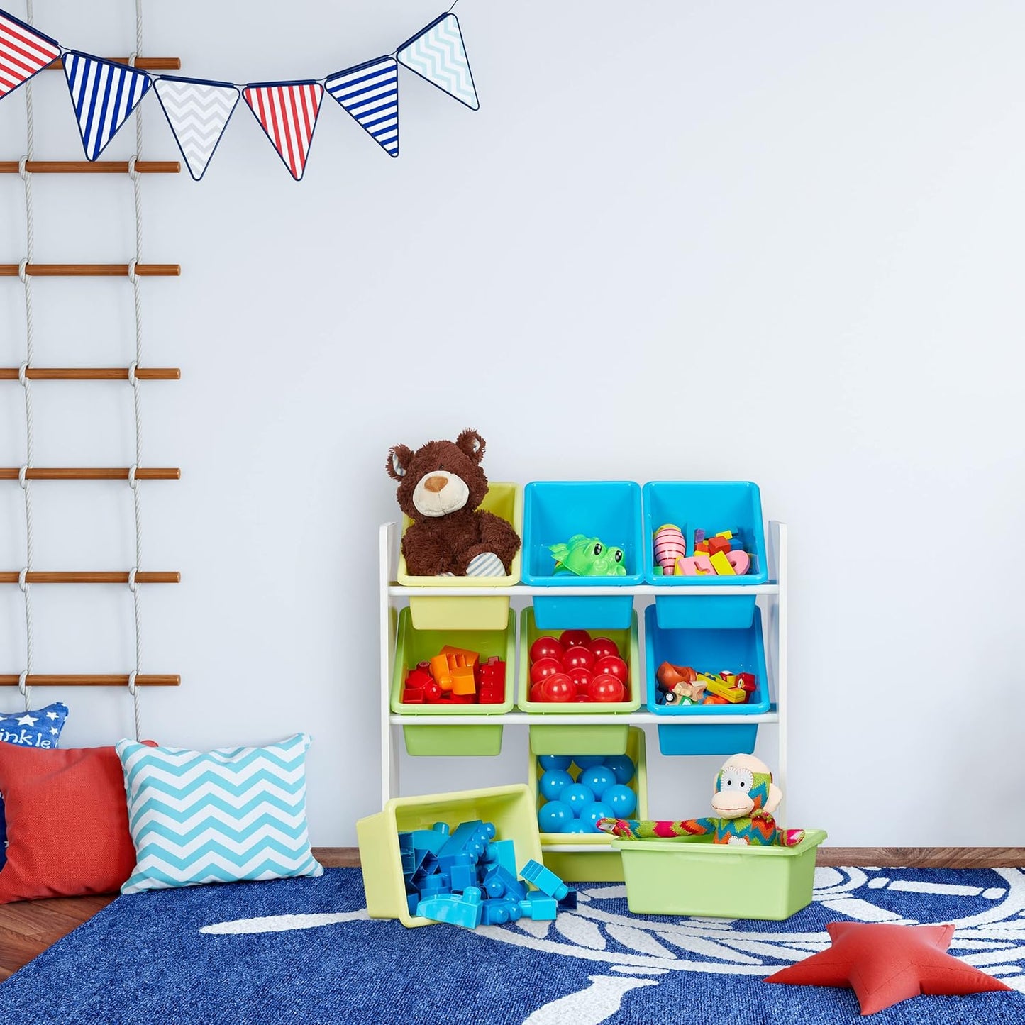 Relaxdays Children's Shelf, 9 Storage Boxes, Mermaid Motif, MDF, Plastic, Toy Shelf, Height 67 x 65 x 31.5 cm, Colourful