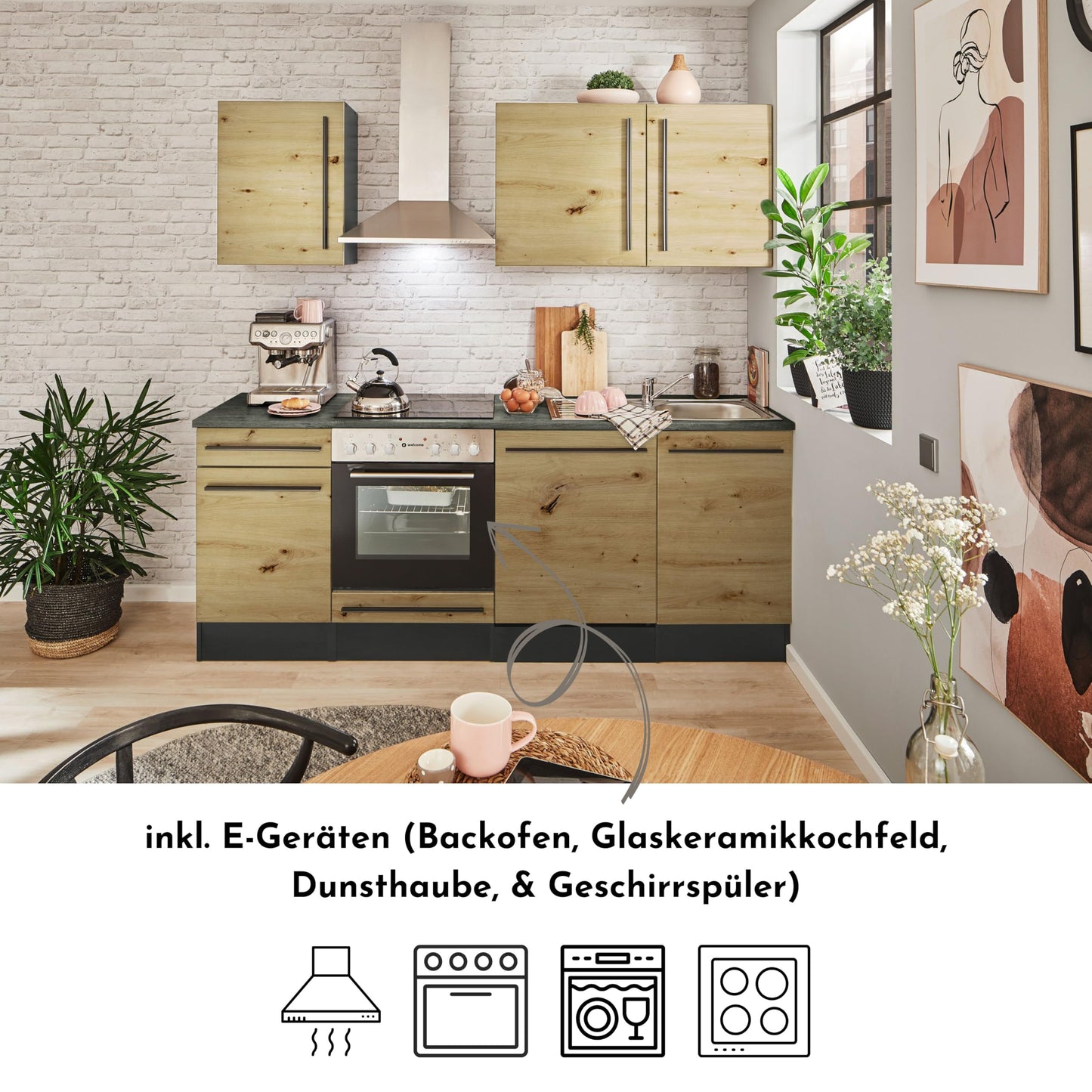 Jazz 8 Moderne Küchenzeile ohne Elektrogeräte in Anthrazit, Artisan Eiche Optik - Geräumige Einbauküche mit viel Stauraum - 220 x 211 x 60 cm (B/H/T)