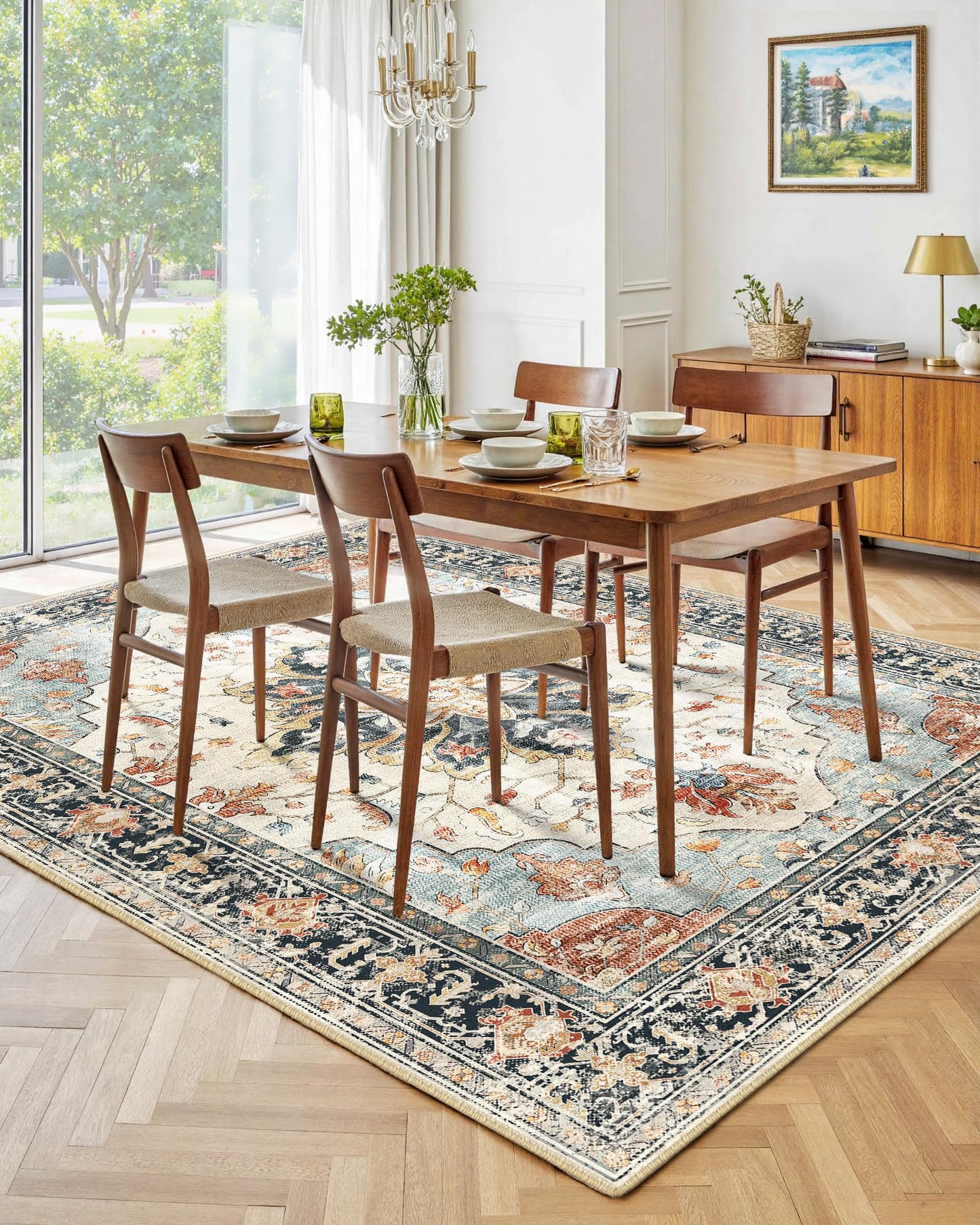INOVADAY Vintage Waschbarer Teppich Wohnzimmer 90x150 cm Boho Kurzflor rutschfest Teppich Weich Teppiche mit Druckmuster für Schlafzimmer, Esszimmer, Büro Beige/Blau/Orange