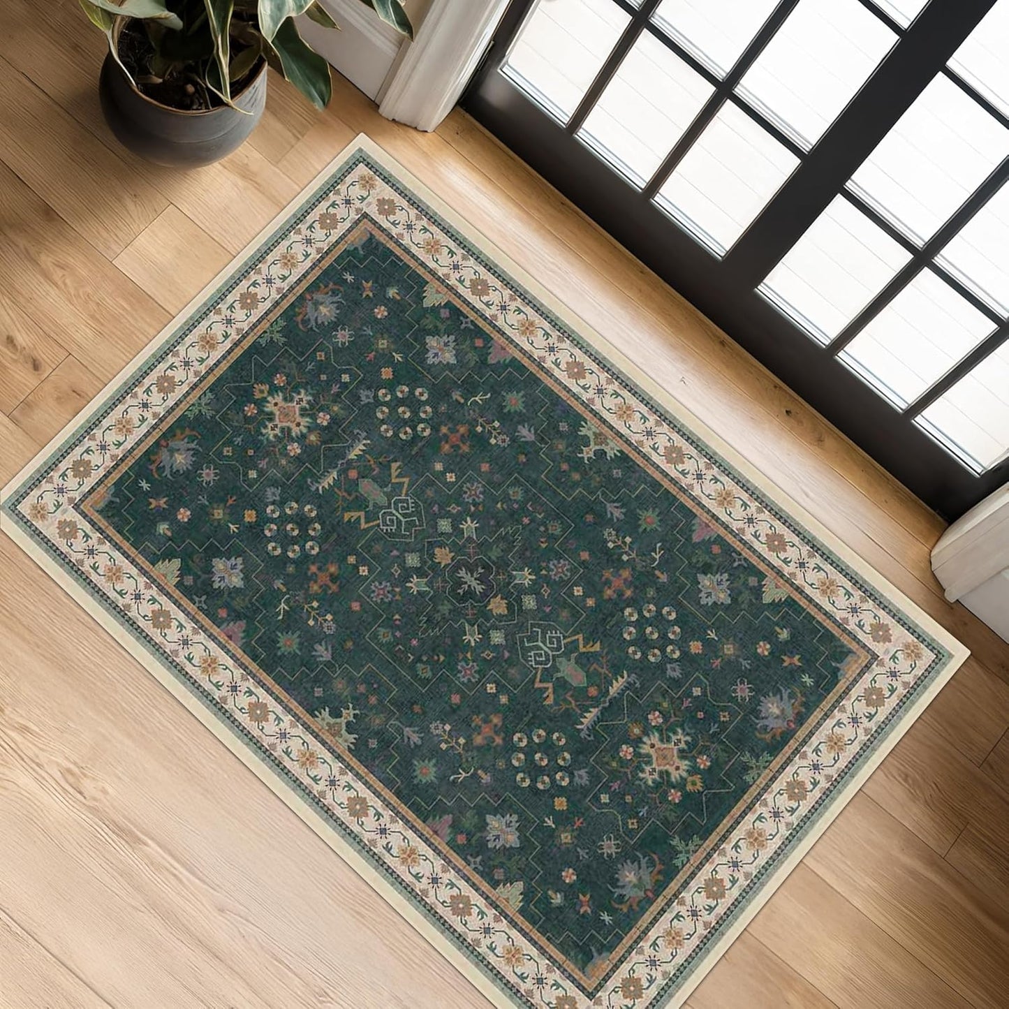 Black Washable Entry Rug, 2x3 Small Rugs for Entryway Kitchen Bathroom Door Mat Indoor Entrance, Non Slip Rubber Backing, Stain & Fade Resistant, Ashen Charcoal Floral Farmhouse Decor