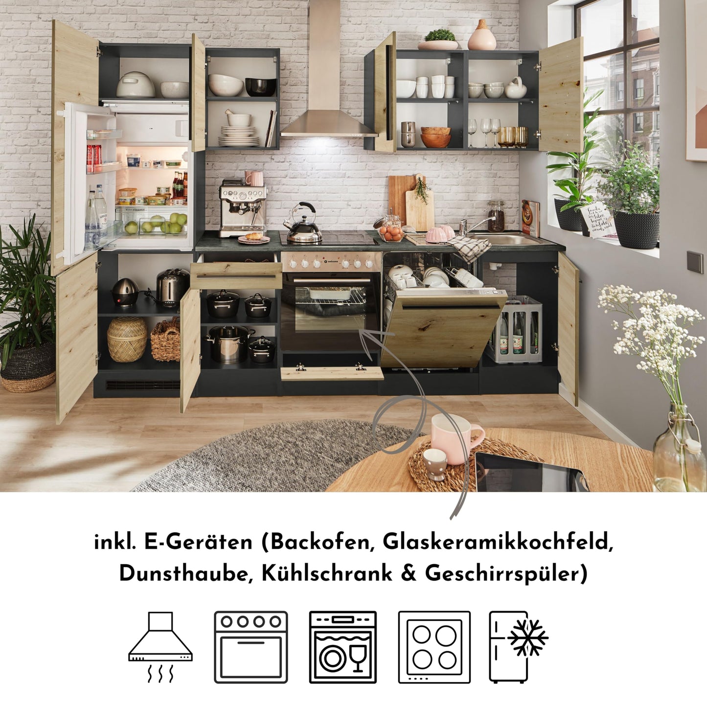 Jazz 8 Moderne Küchenzeile ohne Elektrogeräte in Anthrazit, Artisan Eiche Optik - Geräumige Einbauküche mit viel Stauraum - 220 x 211 x 60 cm (B/H/T)