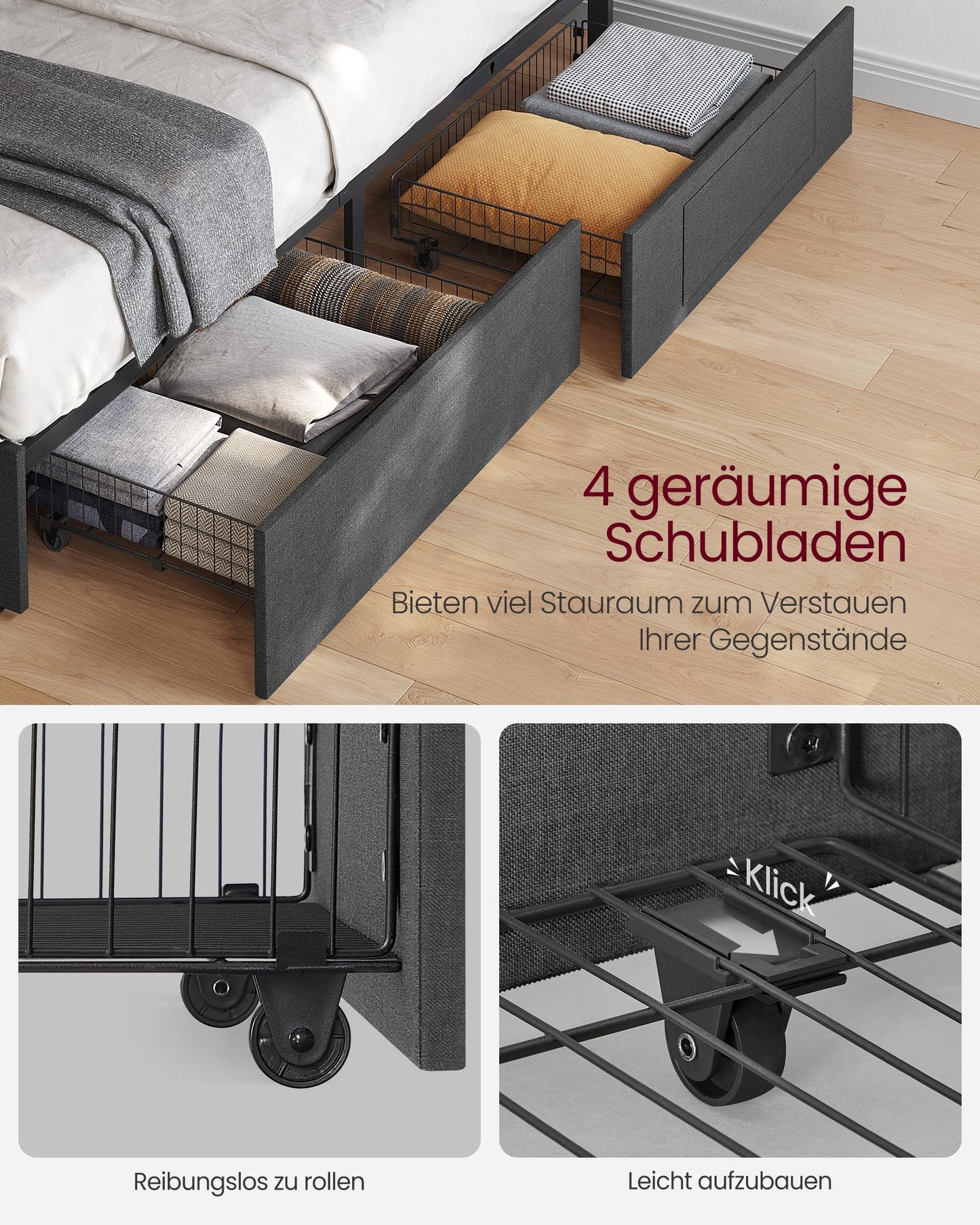 VASAGLE Double Bed Frame - Fits 140 x 200 cm Mattress - LED Metal Bed - 4 Drawers - Charging Station - Adjustable Padded Headboard - Slate Grey RMB827G02