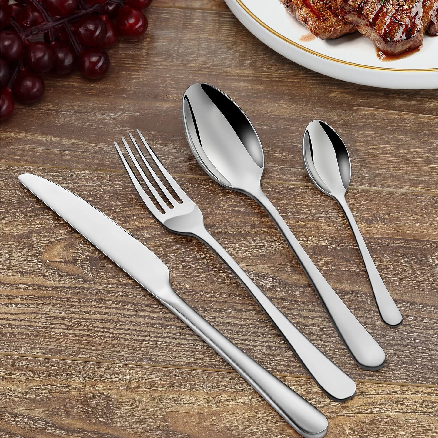 BEWOS Besteckset für 6 Personen, 30-teiliges Besteckset aus Edelstahl, Besteckset aus Silber, inklusive Messer, Gabeln und Löffel, hochglanzpoliert und spülmaschinenfest
