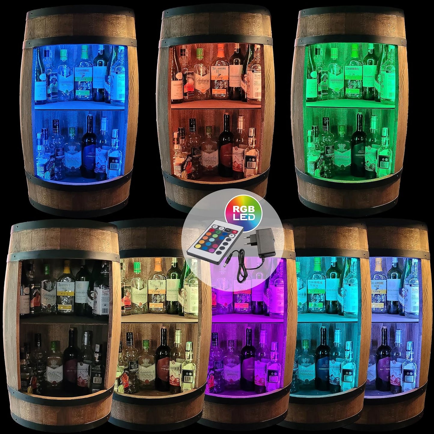 weeco Weinfass als Weinregal - Weinschrank Barschrank LED RGB Leuchten, Bar Tisch aus Holzfass, Wein Rack Flaschenständer deko Fassbier/hausbar Komodenschrank Holz Fass fur Wohnzimmer