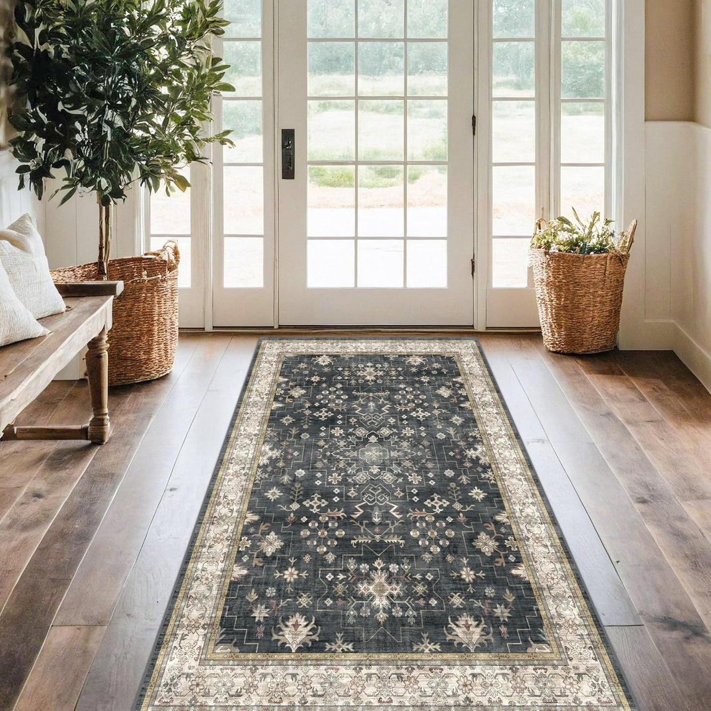 Black Washable Entry Rug, 2x3 Small Rugs for Entryway Kitchen Bathroom Door Mat Indoor Entrance, Non Slip Rubber Backing, Stain & Fade Resistant, Ashen Charcoal Floral Farmhouse Decor