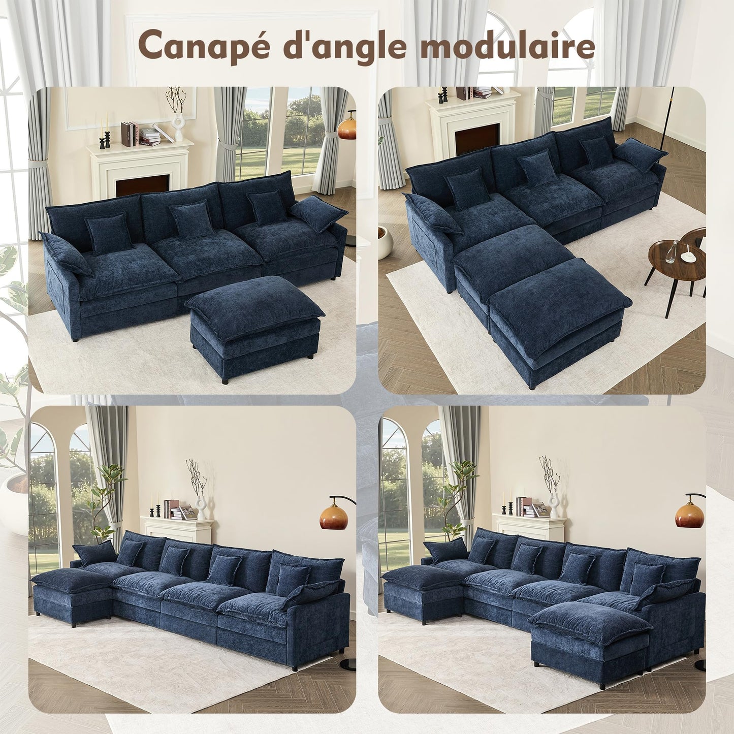 Litbird U-förmiges modulares Sofa 3-Sitzer Ecksofa mit Hocker, tiefes Sitzdesign, Cloud Couch für Wohnzimmer(Hellbraun)