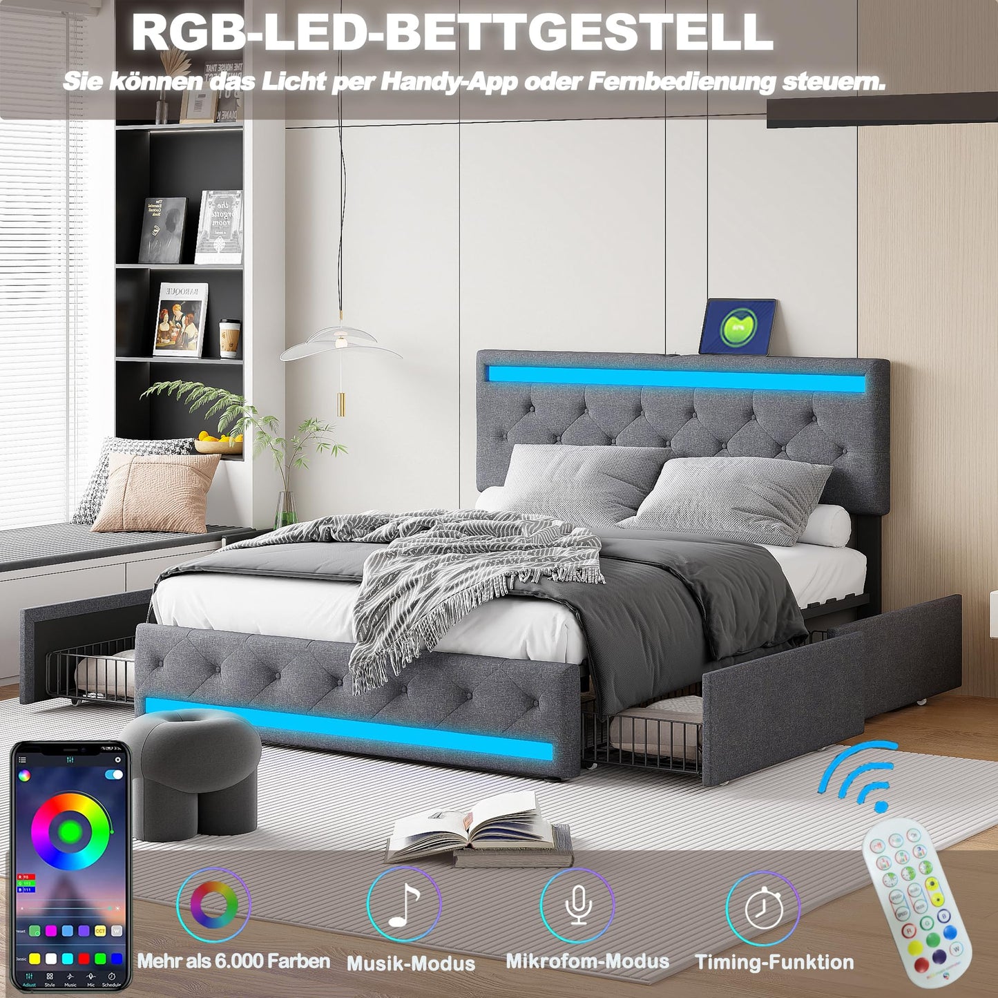 KeepGoon Doppelbett 140 x 200 cm,Polsterbett mit LED-Leuchten, 4 Eisenschubladen und einem USB Ladeanschluss,Stauraumbetten Bettgestell,Leinenstoff (Beige)