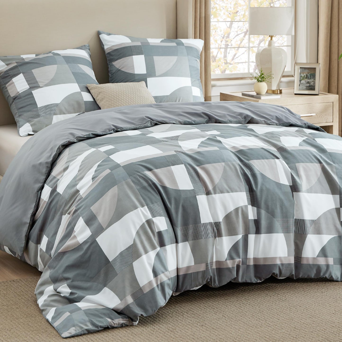 BEDSURE Bettwäsche 135x200 4teilig Bettbezug - Bettwäsche-Sets 135 x 200 cm 2er Set mit 2 Kissenbezüge 80x80cm, ÖKO-TEX Wendebettwäsche Bedding Zweige Grau Muster mit Reißverschluss
