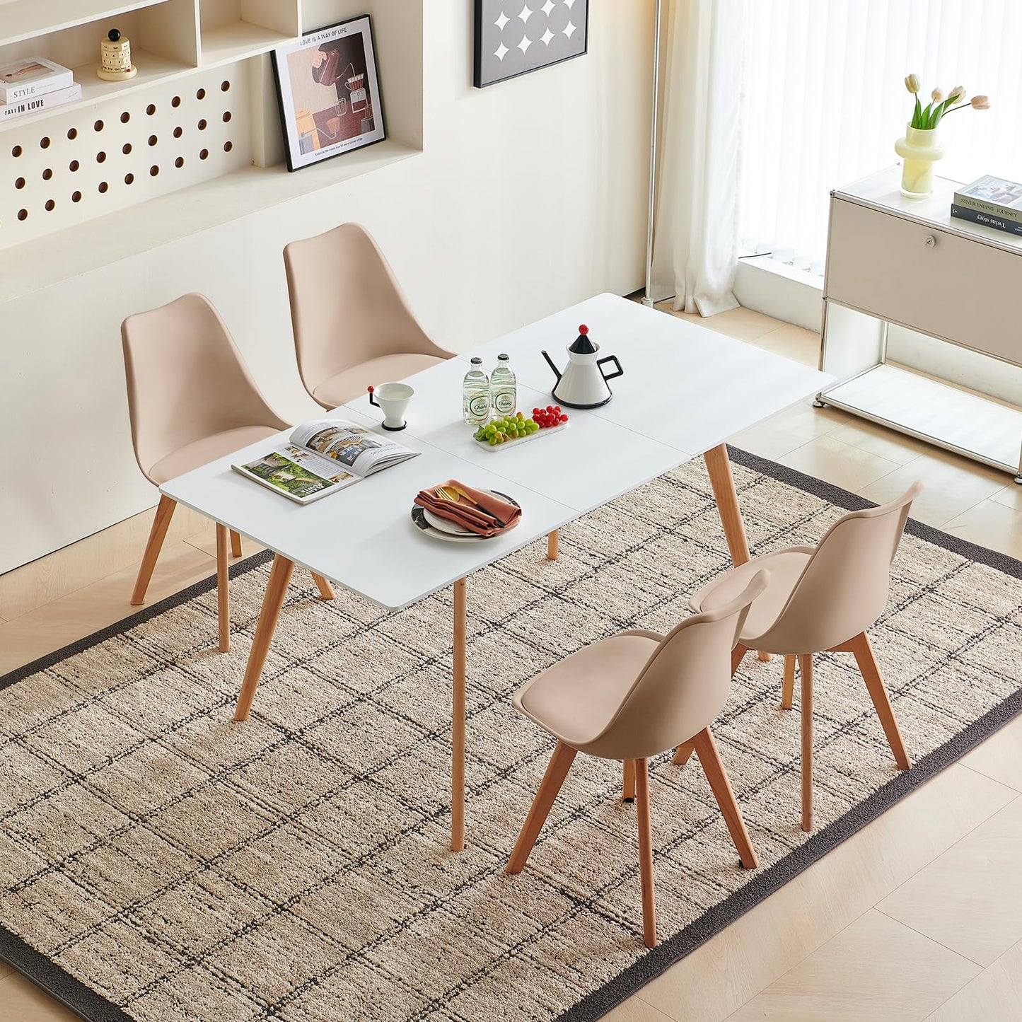 H.J WeDoo Esszimmergruppe mit 4 Essstühlen, Rechteckig Esstisch und Stühle für Esszimmer, Küche, Wohnzimmer, Weißer Esstisch und Graue Stühle