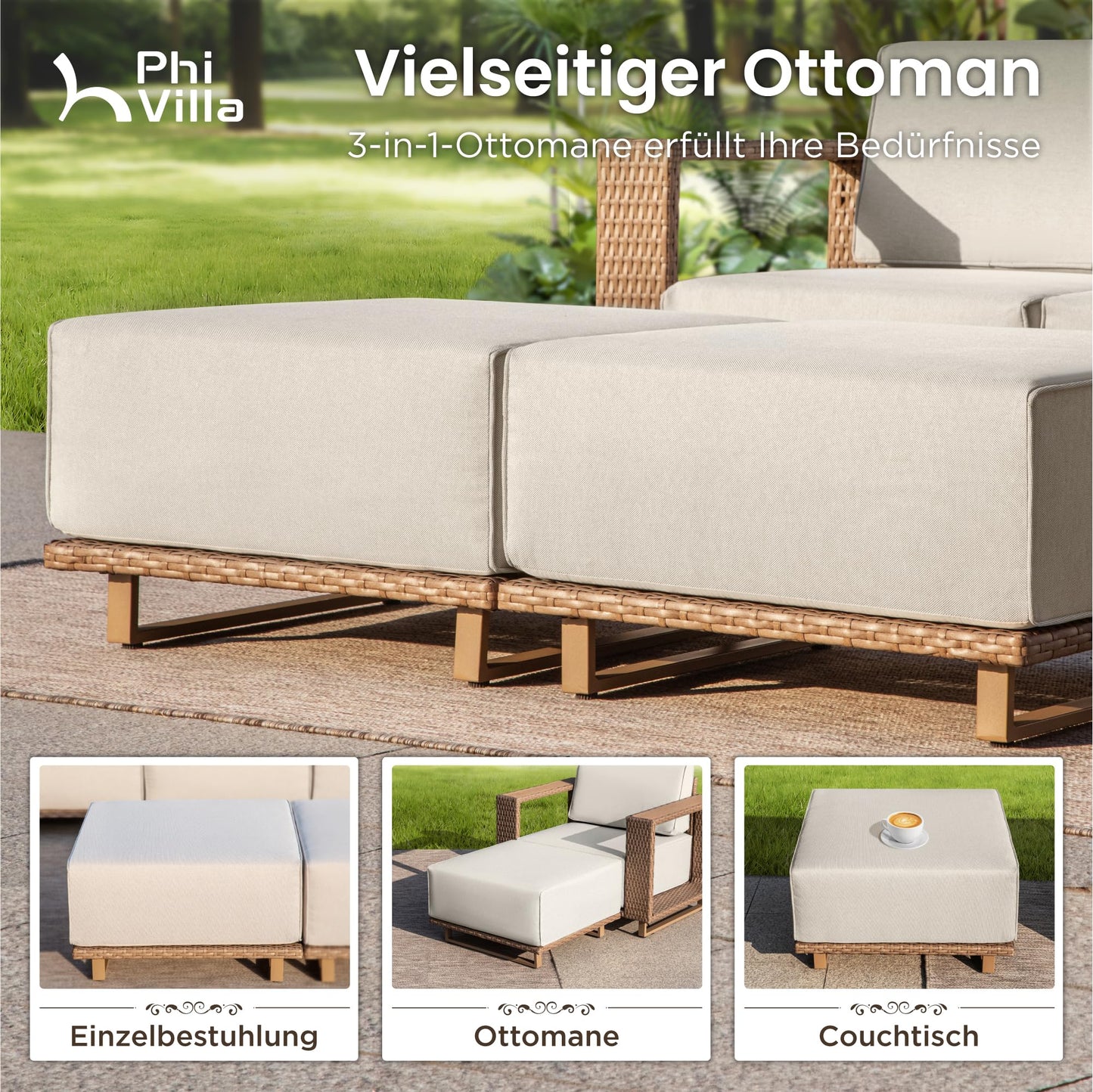 PHI VILLA Rattan Gartenmöbel Set Balkonmöbel für 6, Lounge Möbel Outdoor Sofa Sets für Garten und Terrasse, Allwetter Gartensofa Terassenmöbel Außen mit Dicken Weißen Kissen und Ergonomischem Design